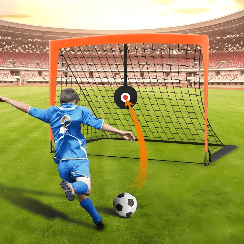Portable soccer goal for kids featuring a reinforced steel frame and bright orange high-visibility design, perfect for outdoor training and practice sessions. 0